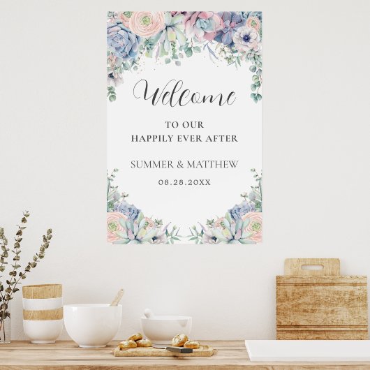 多肉エレガント赤面フローラ結婚の歓迎 ポスター (キッチン)