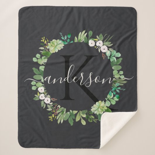 多肉カッコいいリース茎水彩モノグラム シェルパブランケット (正面)