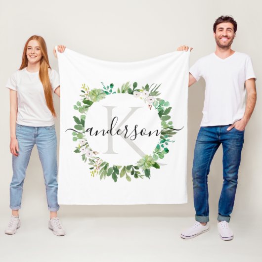 多肉カッコいいリース茎水彩モノグラム フリースブランケット (インサイチュ)