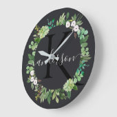 多肉カッコいいリース茎水彩モノグラム ラージ壁時計 (傾斜)