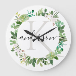 多肉カッコいいリース茎水彩モノグラム ラージ壁時計