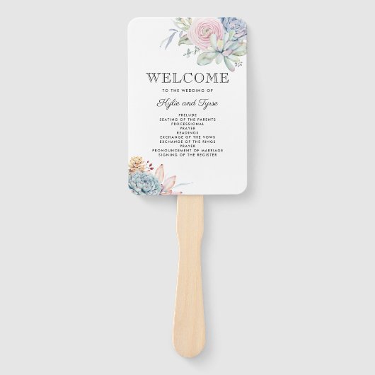 多肉フローラ開花ヴィンテージ結婚式プログラム ハンドファン (正面)