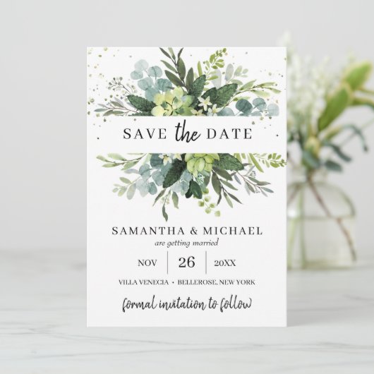 多肉モダンの葉結婚式は日付カードを保存 セーブザデート (スタンド正面)