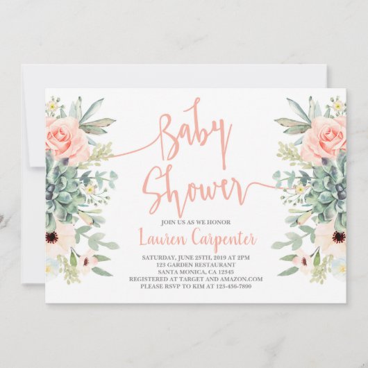 多肉乳児シャワー女の子の招待 招待状 (正面)
