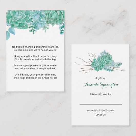 多肉処理なしラップブライダルシャワー要求ラベル3961 エンクロージャーカード (正面/裏面)