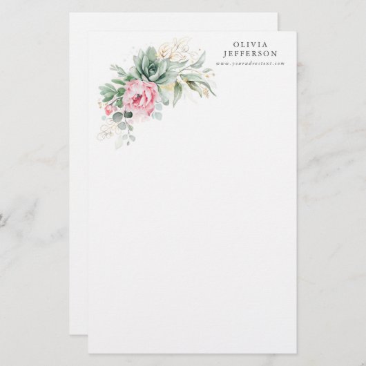 多肉及びピンクの花エレガント植物学 便箋 (正面/裏面)