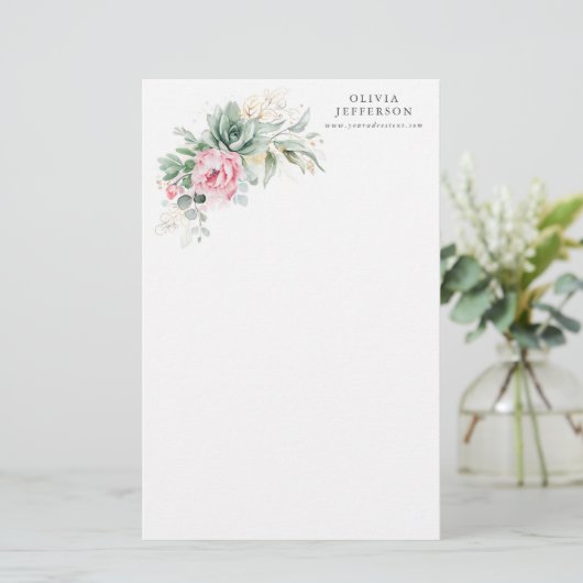 多肉及びピンクの花エレガント植物学 便箋 (スタンド正面)