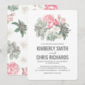 多肉及びピンクエレガントの花シンプルの結婚花 招待状 (正面/裏面)