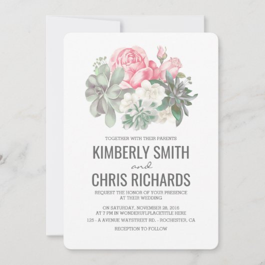 多肉及びピンクエレガントの花シンプルの結婚花 招待状 (正面)