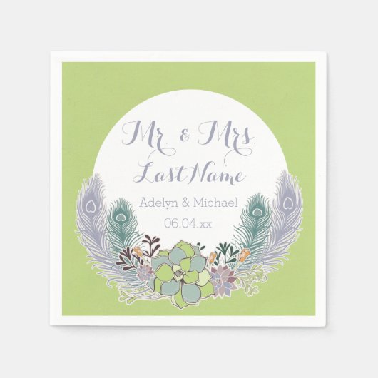 多肉孔雀の羽の結婚紙ナプキン スタンダードカクテルナプキン (正面)