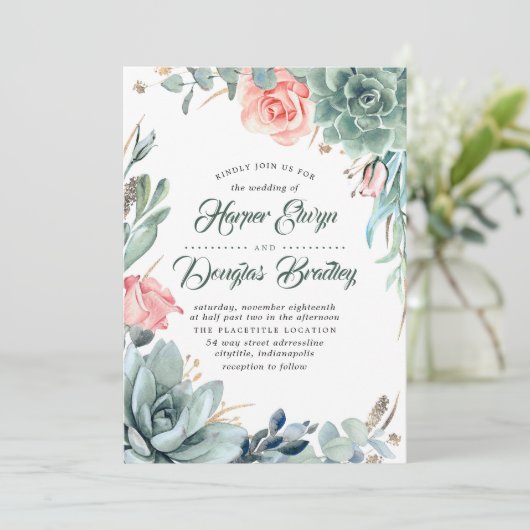 多肉性の緑のピンクモダンフローラ結婚ズ 招待状 (スタンド正面)