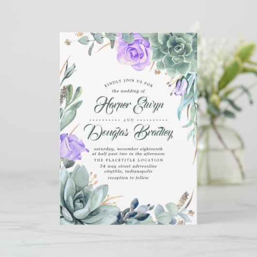 多肉性の緑の紫のフローラ結婚ズ 招待状 (スタンド正面)