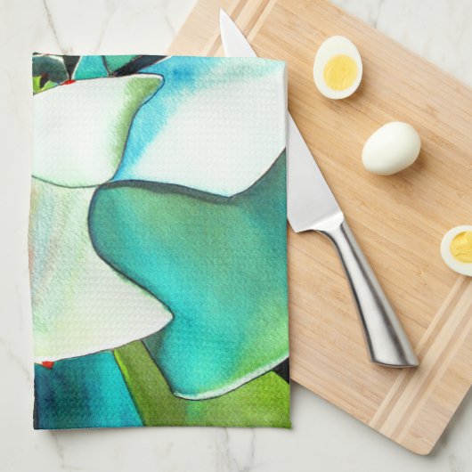 多肉性の青と緑の砂漠の水のカラーアート キッチンタオル (四つ折り)
