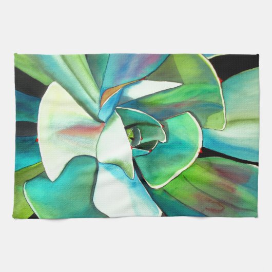 多肉性の青と緑の砂漠の水のカラーアート キッチンタオル (横)