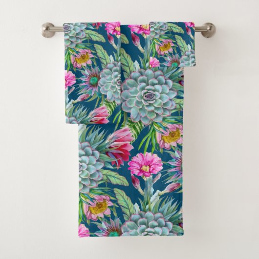 多肉性エケベリアサボテンの花のパターン バスタオルセット (インサイチュ)