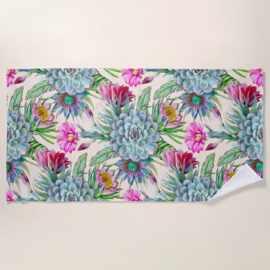 多肉性エケベリアサボテンの花のパターン ビーチタオル (正面)