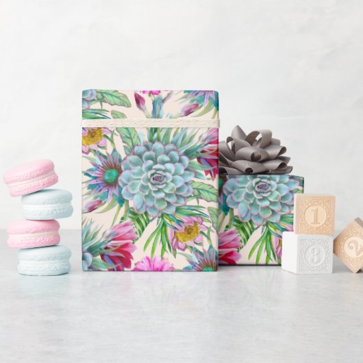 多肉性エケベリアサボテンの花のパターン ラッピングペーパー (ベビーシャワー)