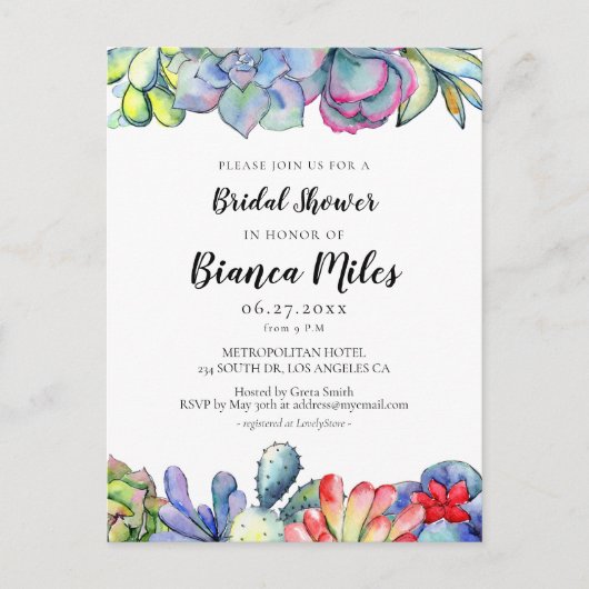 多肉性サボテンのブライダルシャワー招待 ポストカード (正面)