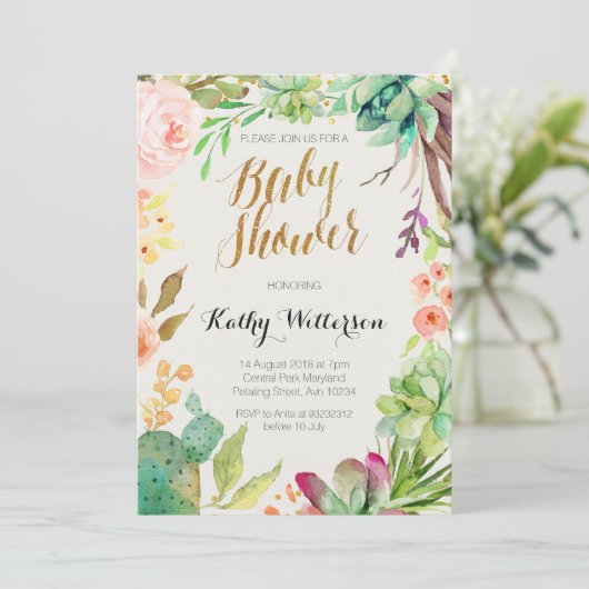 多肉性サボテンの赤ちゃんシャワーの招待状 招待状 (スタンド正面)