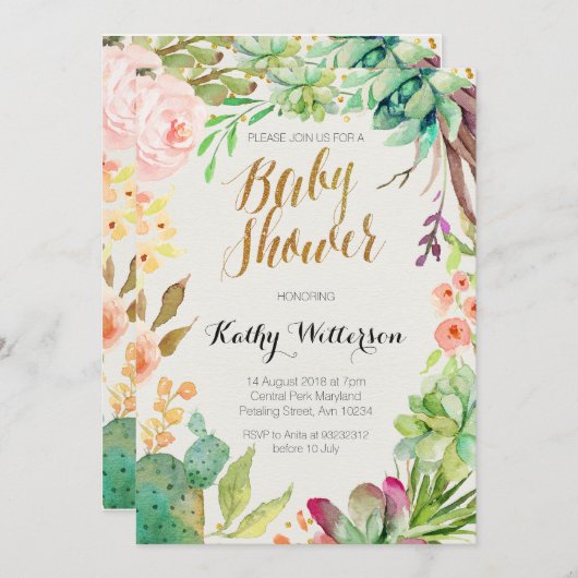多肉性サボテンの赤ちゃんシャワーの招待状 招待状 (正面/裏面)