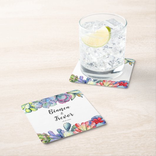 多肉性サボテン結婚の水色 スクエアペーパーコースター (インサイチュ)