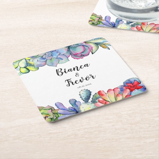 多肉性サボテン結婚の水色 スクエアペーパーコースター (アングル)