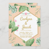 多肉性サボテン結婚式招待状金ゴールドとピンク 招待状 (正面/裏面)