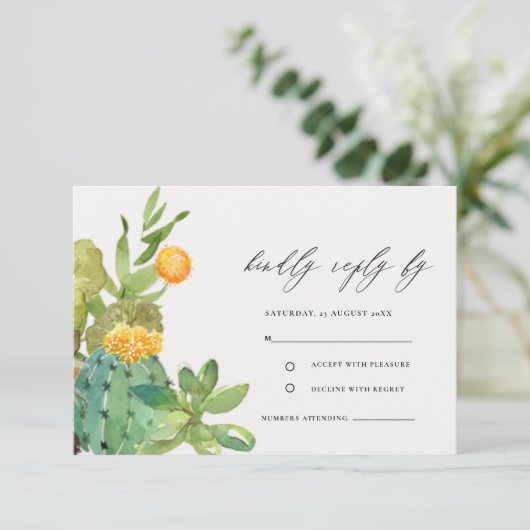 多肉性サボテン黄葉結婚式RSVP エンクロージャーカード (スタンド正面)