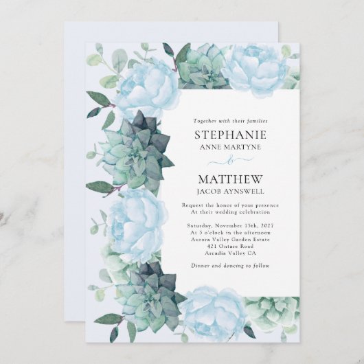 多肉性牡丹ユーカリほこりっぽいブルー結婚ズ 招待状 (正面/裏面)