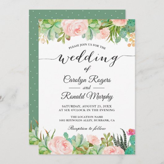 多肉性素朴サボテン赤面グリーンフローラ結婚ズ 招待状 (正面/裏面)