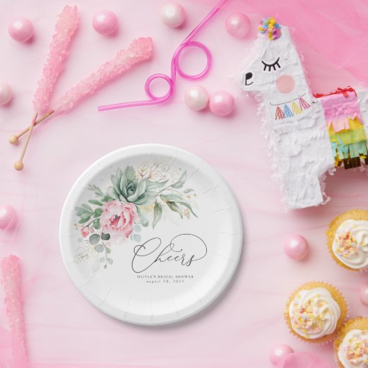 多肉性金ゴールド緑色性ピンクフローラ応援 ペーパープレート (パーティー)