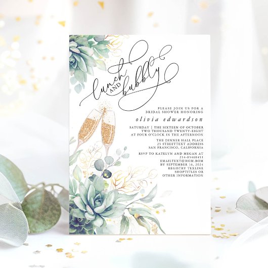 多肉栽培の緑のランチと泡立つブライダルシャワー 招待状