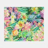 多肉植物とサボテンの庭の模様 フリースブランケット (正面(横))