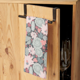 多肉植物とサボテン模様ピンクス・ミント キッチンタオル