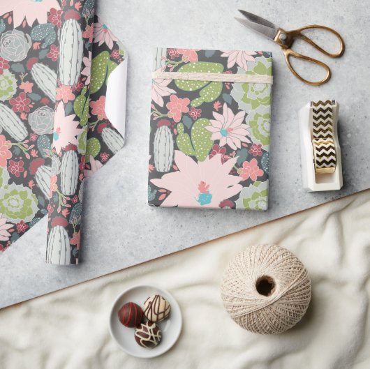 多肉植物とサボテン模様 ラッピングペーパー (クラフト)