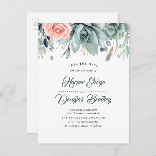 多肉植物とピンクのバラの植物は日付を保存 案内ポストカード (正面/裏面)