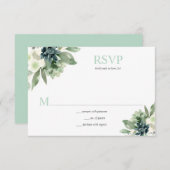 多肉植物と白い花 – 淡い色の緑 出欠カード (正面/裏面)