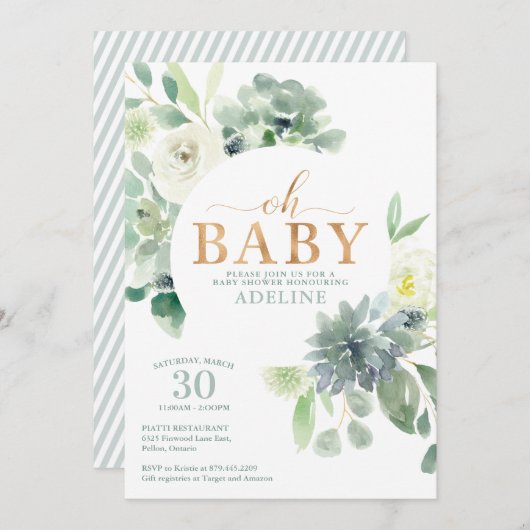 多肉植物と緑のベビーシャワー招待状 (正面/裏面)