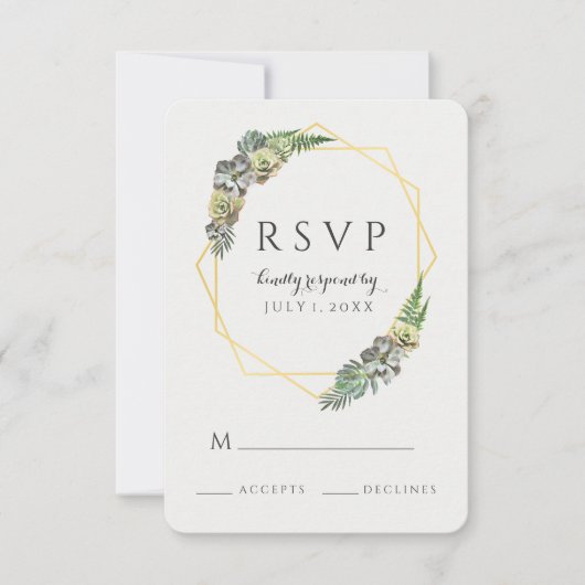 多肉植物と緑の金ゴールド幾何学的 出欠カード (正面)