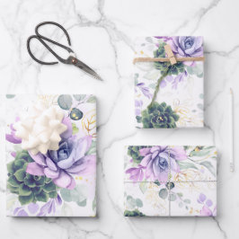 多肉植物と金ゴールドユーカリ葉 ラッピングペーパーシート