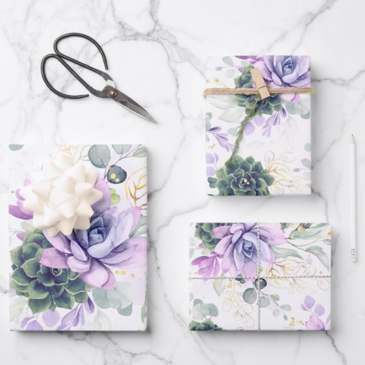 多肉植物と金ゴールドユーカリ葉 ラッピングペーパーシート (正面)