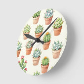多肉植物のシームレスパターン テラコッタポット ラウンド壁時計 (傾斜)