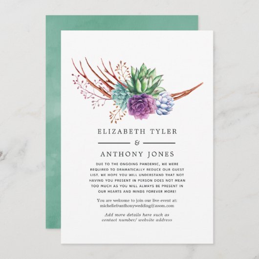 多肉植物のバーチャルウェディング　ゲストリスト縮小 案内状 (正面/裏面)