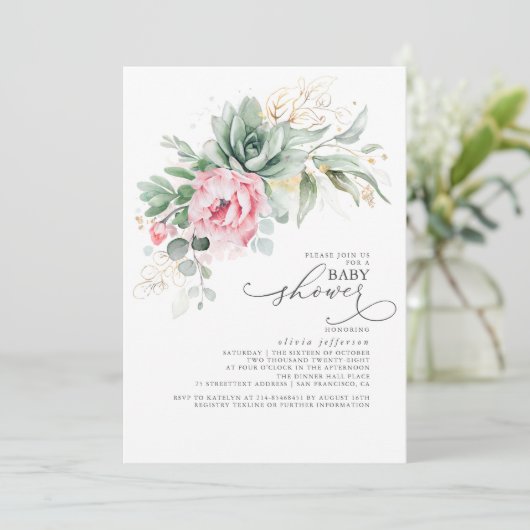 多肉植物の緑とピンクの花の赤ちゃんシャワー 招待状 (スタンド正面)