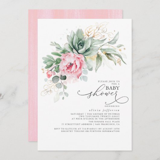 多肉植物の緑とピンクの花の赤ちゃんシャワー 招待状 (正面/裏面)