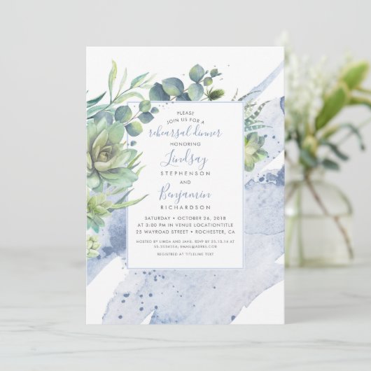 多肉植物の緑の埃っぽいブルーリハーサルディナー 招待状 (スタンド正面)