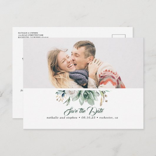 多肉植物の緑の白いバラの日付写真を保存 案内ポストカード (正面/裏面)