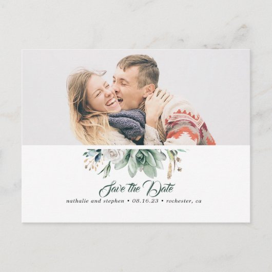 多肉植物の緑の白いバラの日付写真を保存 案内ポストカード (正面)