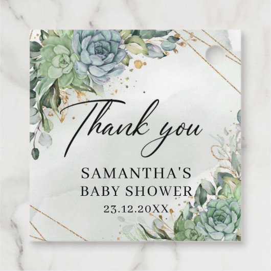 多肉植物の緑の金ゴールド赤ちゃんシャワーメッセージカード フェイバータグ (裏面)