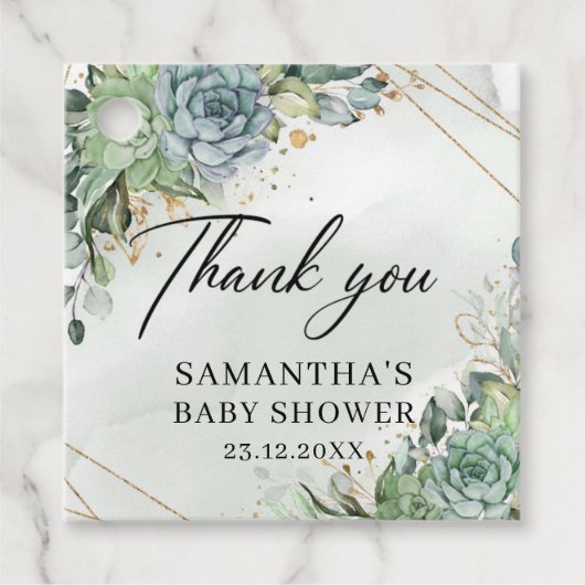 多肉植物の緑の金ゴールド赤ちゃんシャワーメッセージカード フェイバータグ (正面)